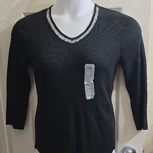 Requirements Black V-Neck Sweater with Silver Trim